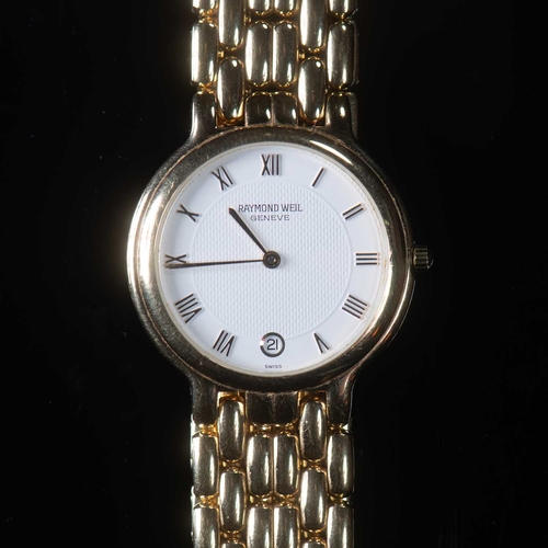 513 - A GOLD PLATED RAYMOND WEIL BRACELET WATCH circular white dial signed Raymond Weil Geneve with gilt r... 