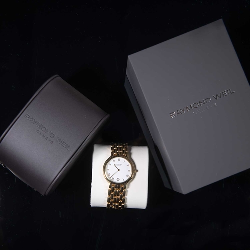 513 - A GOLD PLATED RAYMOND WEIL BRACELET WATCH circular white dial signed Raymond Weil Geneve with gilt r... 