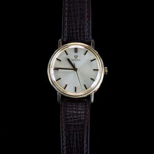 514 - A GENTS GOLD PLATED OMEGA STRAP WATCH circular silver dial signed Omega with gilt/ black baton index... 