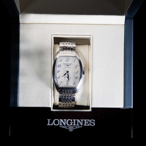 525 - A GENTS STEEL LONGINES EVIDENZA BRACELET WATCH silver tonneau-shaped dial with guilloché decoration ... 