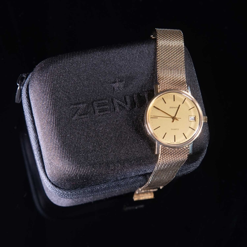 527 - A 9CT GOLD ZENITH BRACELET WATCH circular champagne dial signed Zenith Quartz with black/ gilt baton... 