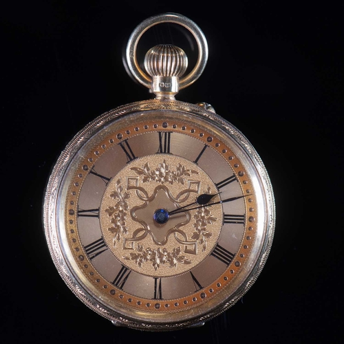 560 - AN 18CT GOLD OPEN FACED FOB WATCH circular gilt dial with roman index and blued steel hands, floral ... 