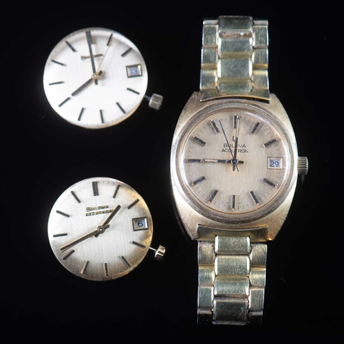 563 - A GOLD PLATED BULOVA ACCUTRON BRACELET WATCH AND TWO MOVEMENTS circular champagne dial signed Bulova... 