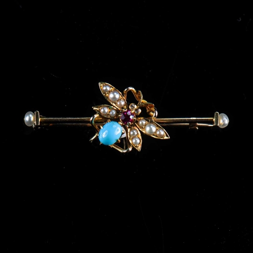 580 - AN EARLY 20TH CENTURY YELLOW GOLD GEM-SET INSECT BROOCH the winged insect with diamond-set eyes, and... 