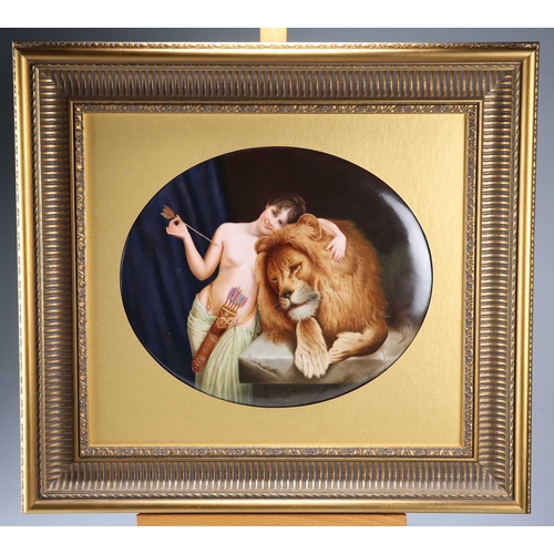 61 - A LARGE CONTINENTAL PORCELAIN OVAL PLAQUE, 'POWER AND LOVE' after the painting by Angelo Graf Von Co... 