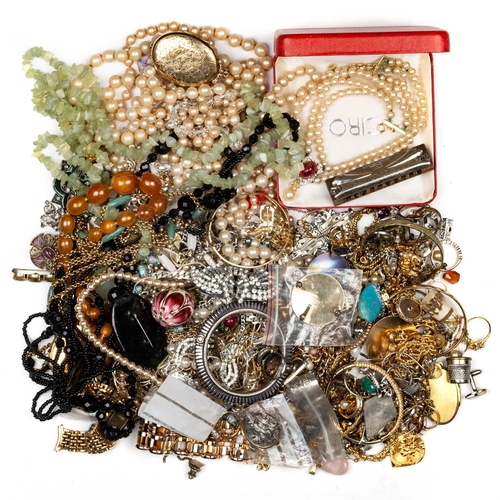 620 - A QUANTITY OF COSTUME JEWELLERY AND WATCHES including Victorian and later brooches, rings, beads, go... 