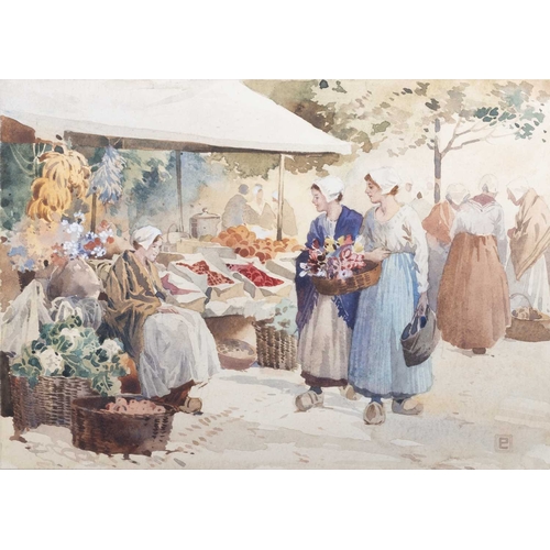 658 - PERCY LANCASTER (1878-1951) THE STALL UNDER THE TREES Signed with monogram
Watercolour on paper laid... 