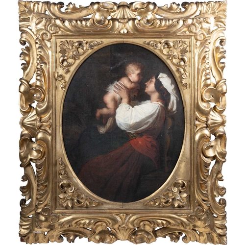 668 - 19TH CENTURY ITALIAN SCHOOL MOTHER AND CHILD Oil on canvas, framed as an oval
Finely carved gilt woo... 