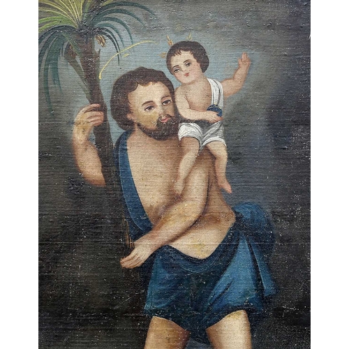 673 - 19TH CENTURY SOUTH AMERICAN SCHOOL SAINT WITH THE CHRIST CHILD Oil on canvas laid to panel
 (72cm x ... 