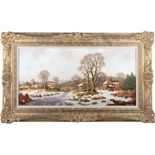 695 - VINCENT SELBY (20TH CENTURY) WINTER VILLAGE LANDSCAPE Signed
Oil on board
 (36cm x 74cm)... 