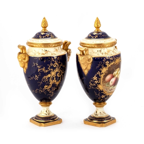 70 - A PAIR OF COALPORT FRUIT-PAINTED VASES AND COVERS BY FREDERICK HERBERT CHIVERS each with rams head h... 