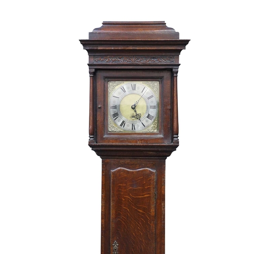 725 - AN OAK 30-HOUR LONGCASE CLOCK the 10-inch square brass dial with a date aperture and bearing signatu... 