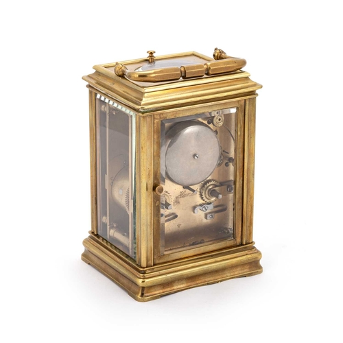 731 - A BRASS-CASED REPEATER CARRIAGE CLOCK, EARLY 20TH CENTURY the white enamel dial with black Roman num... 