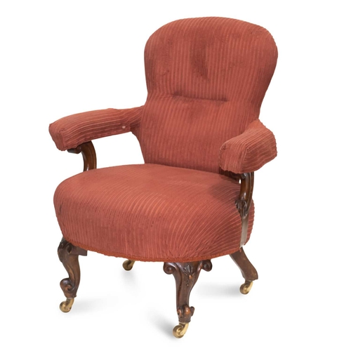 737 - A VICTORIAN WALNUT AND UPHOLSTERED ARMCHAIR, AND TWO VICTORIAN SIDE CHAIRS the armchair with an upho... 