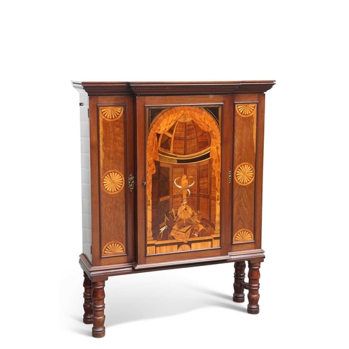 742 - MASONIC INTEREST: AN INLAID MAHOGANY CABINET ON STAND, 19TH CENTURY the breakfront cabinet with dent... 