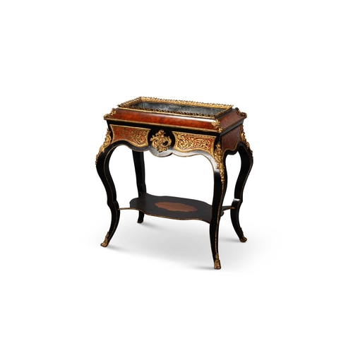 743 - A 19TH CENTURY BURR WALNUT, EBONISED AND GILT-METAL MOUNTED BOULLE JARDINIÈRE rectangular, the lined... 