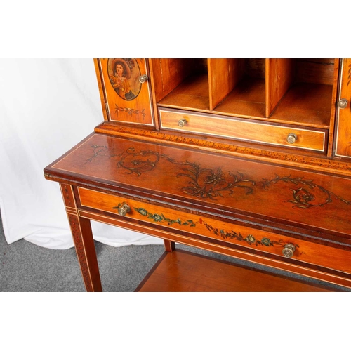 779 - A 19TH CENTURY PAINTED SATINWOOD BONHEUR DU JOUR the detachable superstructure with a gallery top ab... 