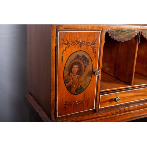 779 - A 19TH CENTURY PAINTED SATINWOOD BONHEUR DU JOUR the detachable superstructure with a gallery top ab... 