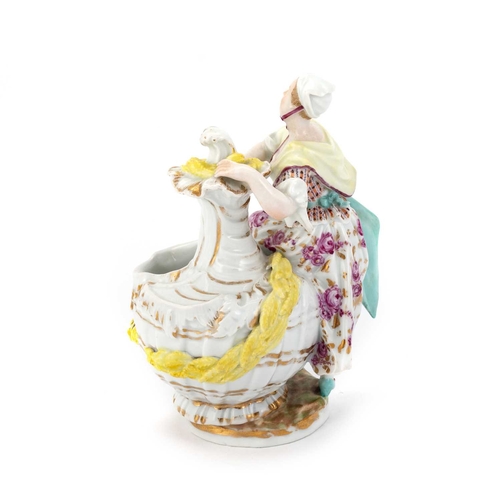 78 - A MEISSEN SWEETMEAT FIGURE modelled as a lady in 18th Century dress, underglaze blue crossed swords;... 