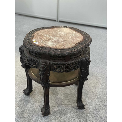 793 - A 19TH CENTURY CHINESE MARBLE AND HARDWOOD JARDINIÈRE STAND of large proportions, the lobed circular... 