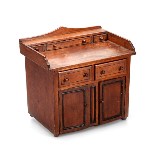 802 - A MINIATURE VICTORIAN SCUMBLED PINE SIDEBOARD 27.5cm by 19.4cm by 26.1cm