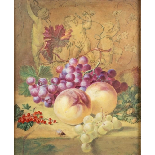 82 - AN ENGLISH PAINTED PORCELAIN PLAQUE, MID-19TH CENTURY painted with a still life of fruit against a b... 