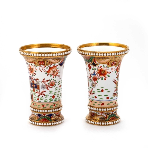 90 - A PAIR OF SPODE BEADED MATCH POTS, CIRCA 1820 of beaker or trumpet shape with flaring rims, with thr... 