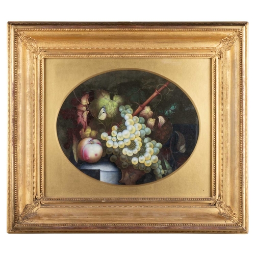 91 - A 19TH CENTURY GILT-FRAMED PORCELAIN PLAQUE painted with a still life study of fruit and a single bu... 