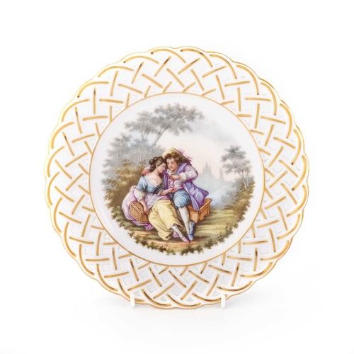 92 - A MEISSEN PLATE hand-painted with a courting couple, the rim painted with puce and polychrome vignet... 