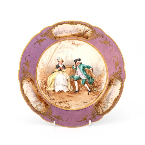 93 - A PAIR OF SÈVRES CABINET PLATES, 19TH CENTURY painted depicting courting couples, lustre glazed bord... 