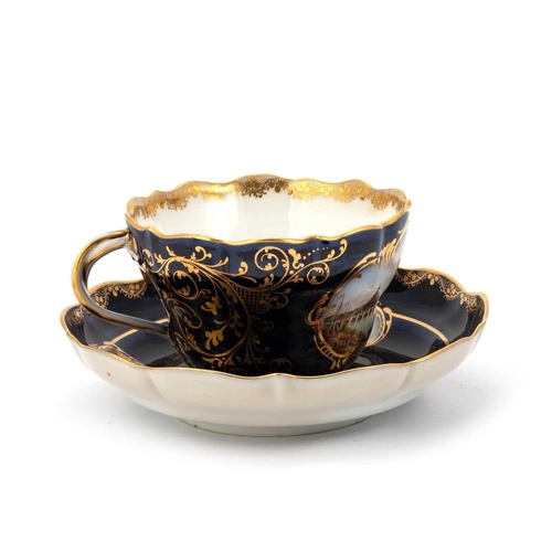 96 - A LARGE MEISSEN CUP AND SAUCER LATE 19TH CENTURY the cup painted with a titled view, `Dresden', with... 