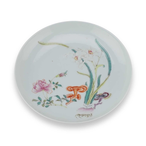 113 - A CHINESE FAMILLE ROSE 'BLOSSOMS' DISH painted with flowers, bears a six-character mark in double ci... 