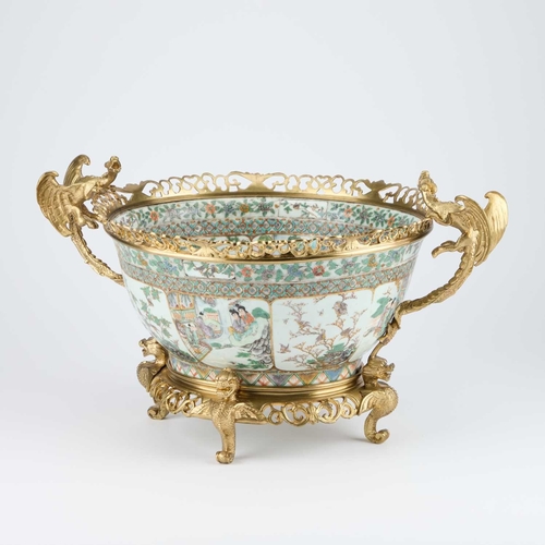 117 - A GILT-METAL MOUNTED CHINESE 'CANTON' OVAL PUNCH BOWL with dragon-form handles and four dragon feet,... 