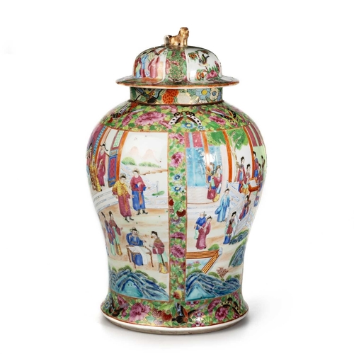 159 - A LARGE 19TH CENTURY CANTONESE FAMILLE ROSE VASE AND COVER of baluster form with a domed cover, typi... 