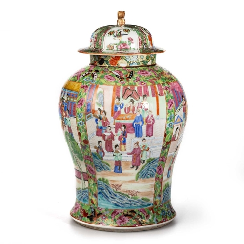 159 - A LARGE 19TH CENTURY CANTONESE FAMILLE ROSE VASE AND COVER of baluster form with a domed cover, typi... 