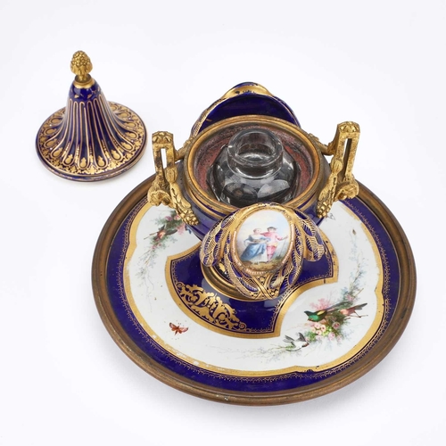 31 - A SÃVRES STYLE ORMOLU-MOUNTED 'JEWELLED' PORCELAIN INKWELL the central urn-form vessel decorated wi... 