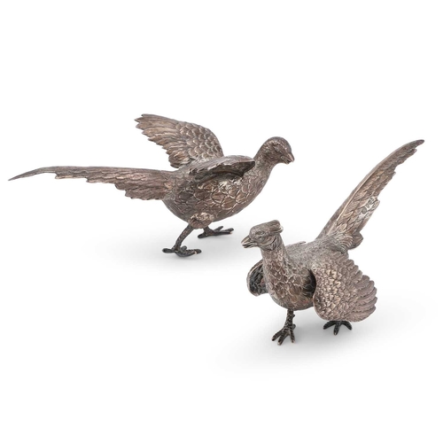 427 - A PAIR OF GERMAN SILVER MODELS OF PHEASANTS marked GERMANY 925 STERLING, import marks, by Israel Fre... 