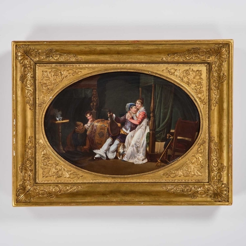 43 - A LARGE 19TH CENTURY PAINTED PORCELAIN PLAQUE oval, painted with an interior scene of a family and t... 