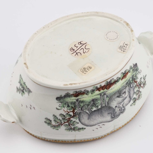 45 - A WORCESTER FABLE-DECORATED SAUCE TUREEN AND COVER, CIRCA 1780 of lobed oval form applied with shell... 