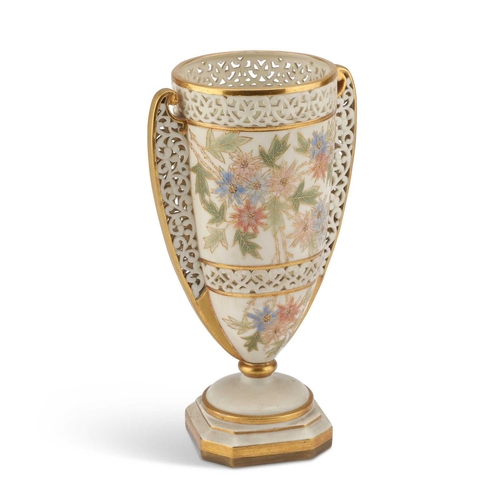 70 - A GRAINGER'S WORCESTER RETICULATED VASE of amphora shape standing on a bevelled pedestal base, the r... 