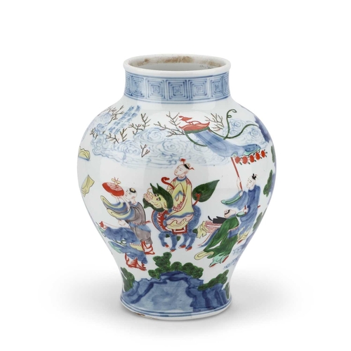 76 - A CHINESE WUCAI VASE, 19TH CENTURY of baluster form, painted in overglaze enamels and underglaze blu... 