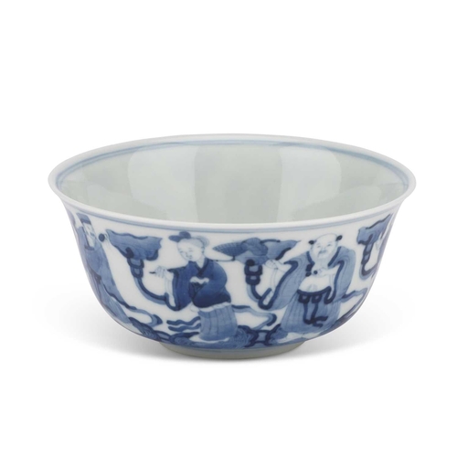 80 - A CHINESE BLUE AND WHITE 'EIGHT IMMORTALS' BOWL the exterior is painted with eight figures, and the ... 