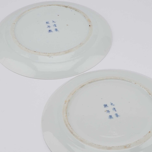 84 - A PAIR OF CHINESE BLUE AND WHITE PLATES each centrally painted with a bird perched on a branch, with... 