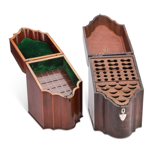 843 - TWO GEORGE III MAHOGANY KNIFE BOXES of typical form, each with an interior. (2) Largest 37.5cm high,... 