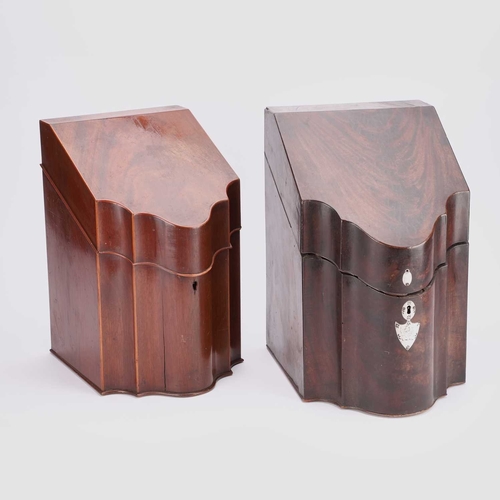 843 - TWO GEORGE III MAHOGANY KNIFE BOXES of typical form, each with an interior. (2) Largest 37.5cm high,... 