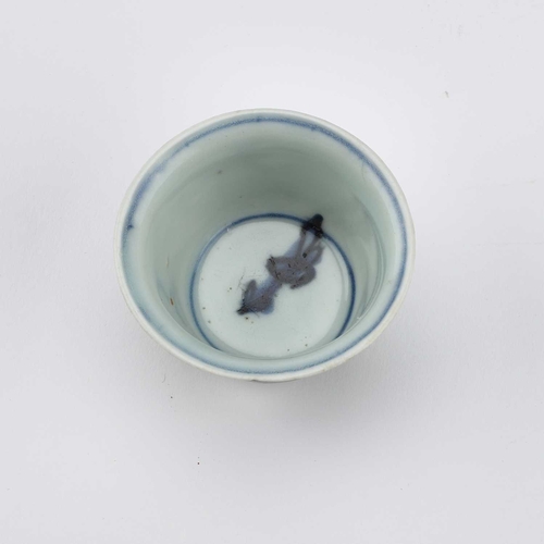 98 - A CHINESE PORCELAIN BLUE AND WHITE DRAGON WINE CUP, WANLI PERIOD thinly potted with deep flaring sid... 