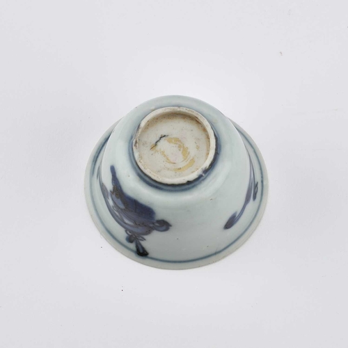 98 - A CHINESE PORCELAIN BLUE AND WHITE DRAGON WINE CUP, WANLI PERIOD thinly potted with deep flaring sid... 