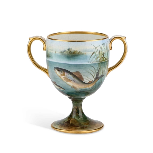 103 - A 19TH CENTURY PAINTED POTTERY TWO-HANDLED CUP the ovoid bowl painted with fish, the rims and handle... 