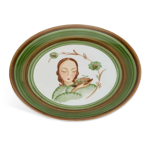 106 - A 1930'S HAND-PAINTED PLATE painted with the head and shoulders of a girl, painted marks verso. 23cm... 