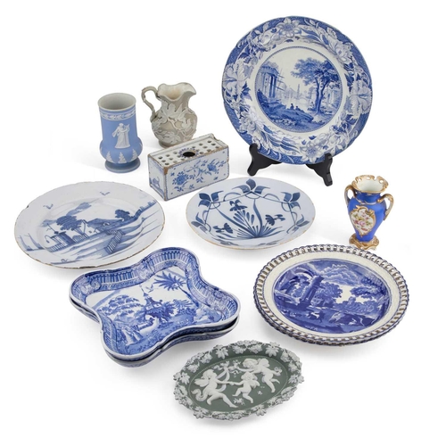 111 - A COLLECTION OF CERAMICS including an 18th Century Delft flowerbrick, two Delft plates, a pair of Co... 